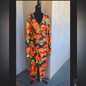 Orange floral mermaid split dress